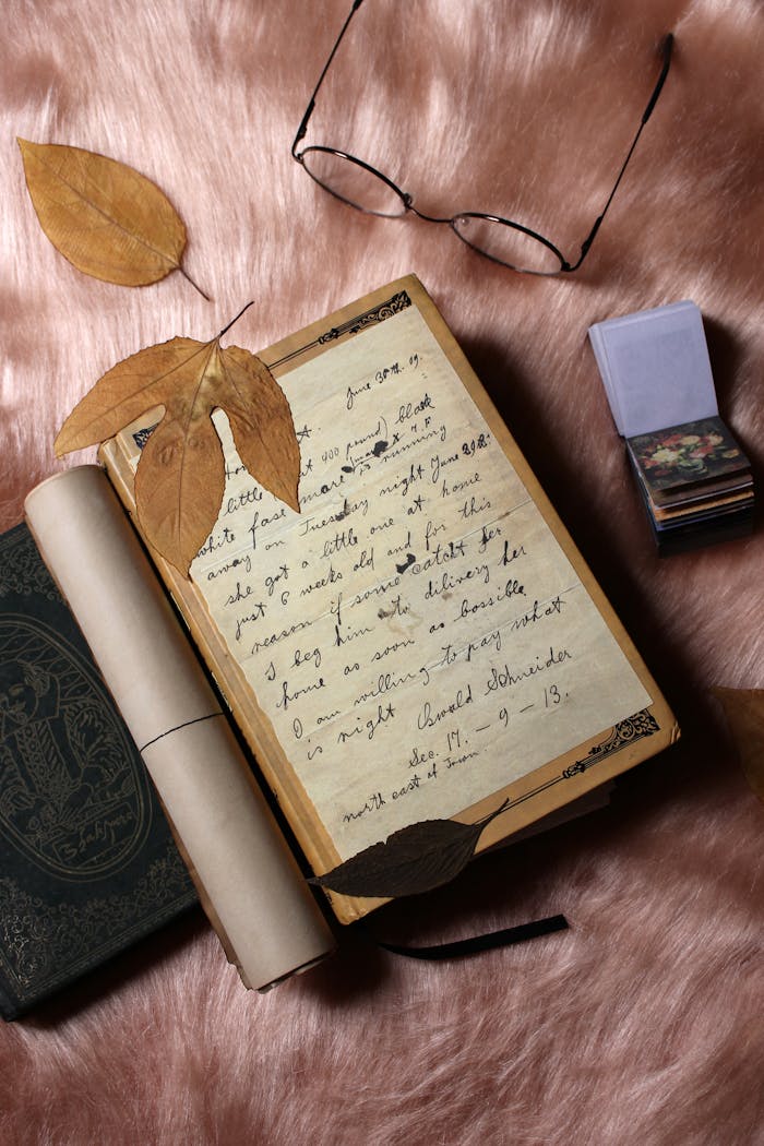 An artistic flatlay of a vintage journal with dry leaves, glasses, and paper on a desk.