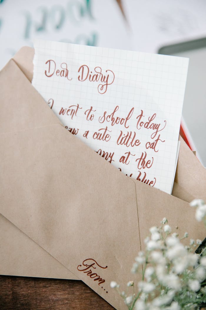 A delicate handwritten 'Dear Diary' note in a kraft envelope surrounded by flowers.